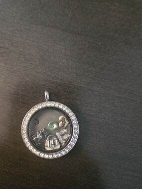 Silver Crystal-Edged Floating Locket Pendant with Charms